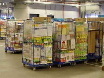 Het gewenste eindresultaat van het orderverzamelen door een supermarktketen: een mixed pallet of rolcontainer.