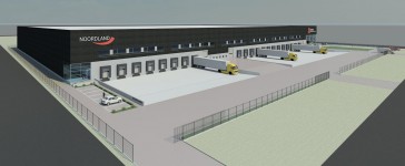 Artist impression van het nieuwe dc van Majestic dat komt te staan in logistiek bedrijvenpark Noordland in Bergen op Zoom.