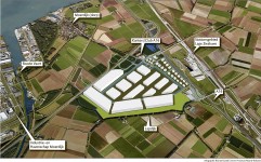 Artist impression van het toekomstige Logistiek Park Moerdijk gelegen in de oksel van de A16 en À17