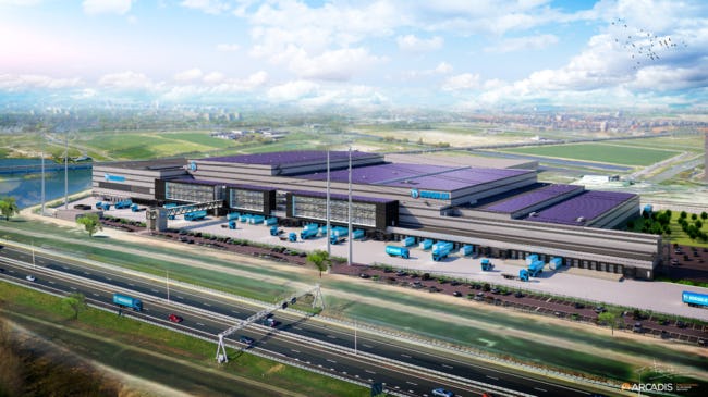 Artist impression van het nieuw te bouwen distributiecentrum van Hoogvliet in Bleiswijk.