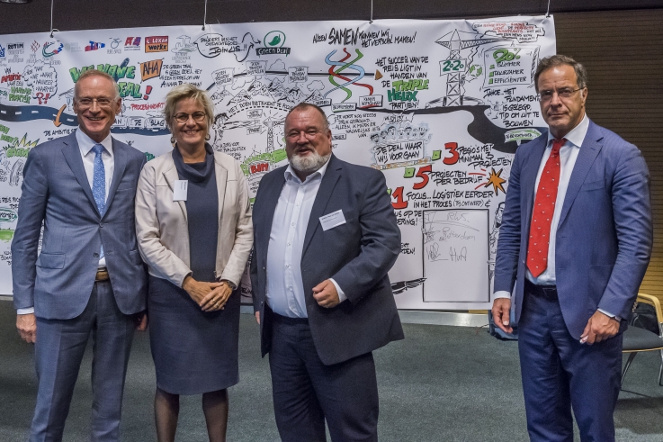 Van links naar rechts: Henk Homberg, vice voorzitter van Bouwend Nederland, Michèle Blom, directeur-generaal van Rijkswaterstaat, Walther Ploos van Amstel (Hogeschool van Amsterdam) en Pex Langenberg, wethouder van de gemeente Rotterdam.
