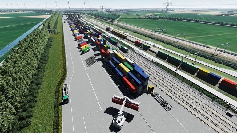 Artist impression van het Railterminal Gelderland project waarvan de realisatie vertraagd is als gevolg van de stikstofcrisis.