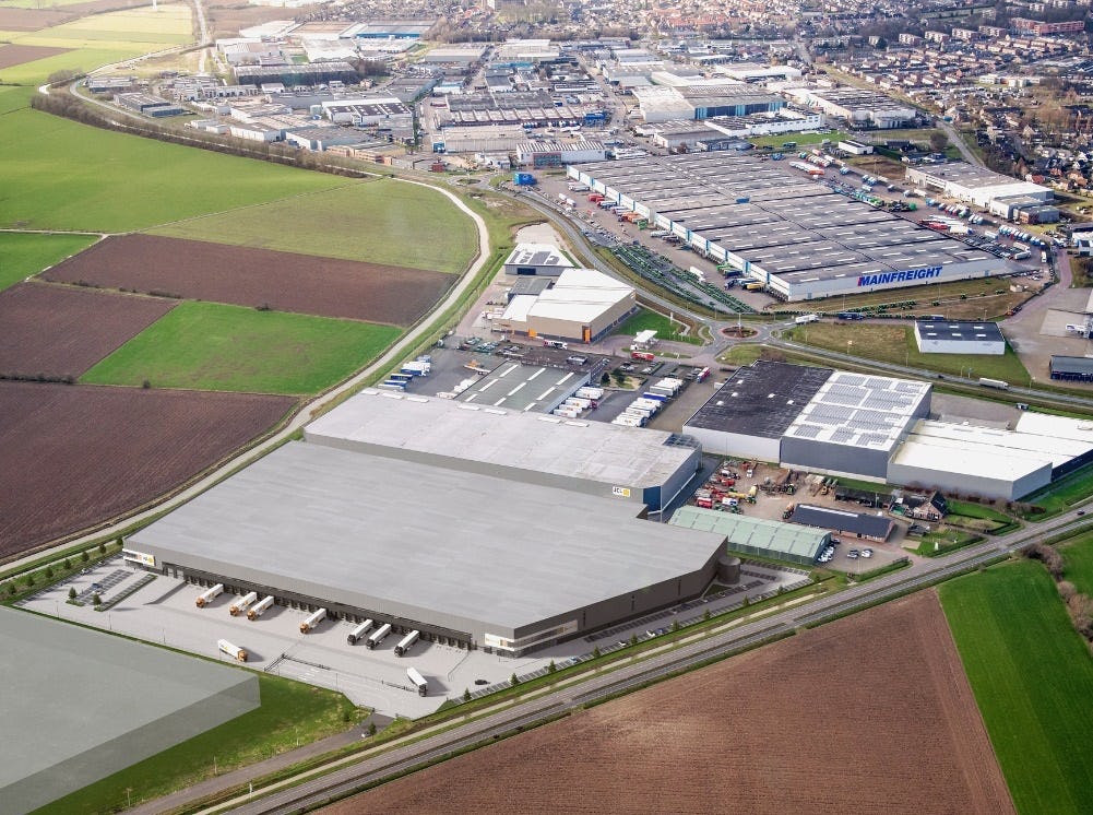 Bovenaanzicht van de uitbreiding van bedrijventerrein DocksNLD in de gemeente Montferland. Logistiek dienstverlener JCL Logistics Benelux laat hier een nieuw distributiecentrum bouwen van 38.000 vierkante meter.