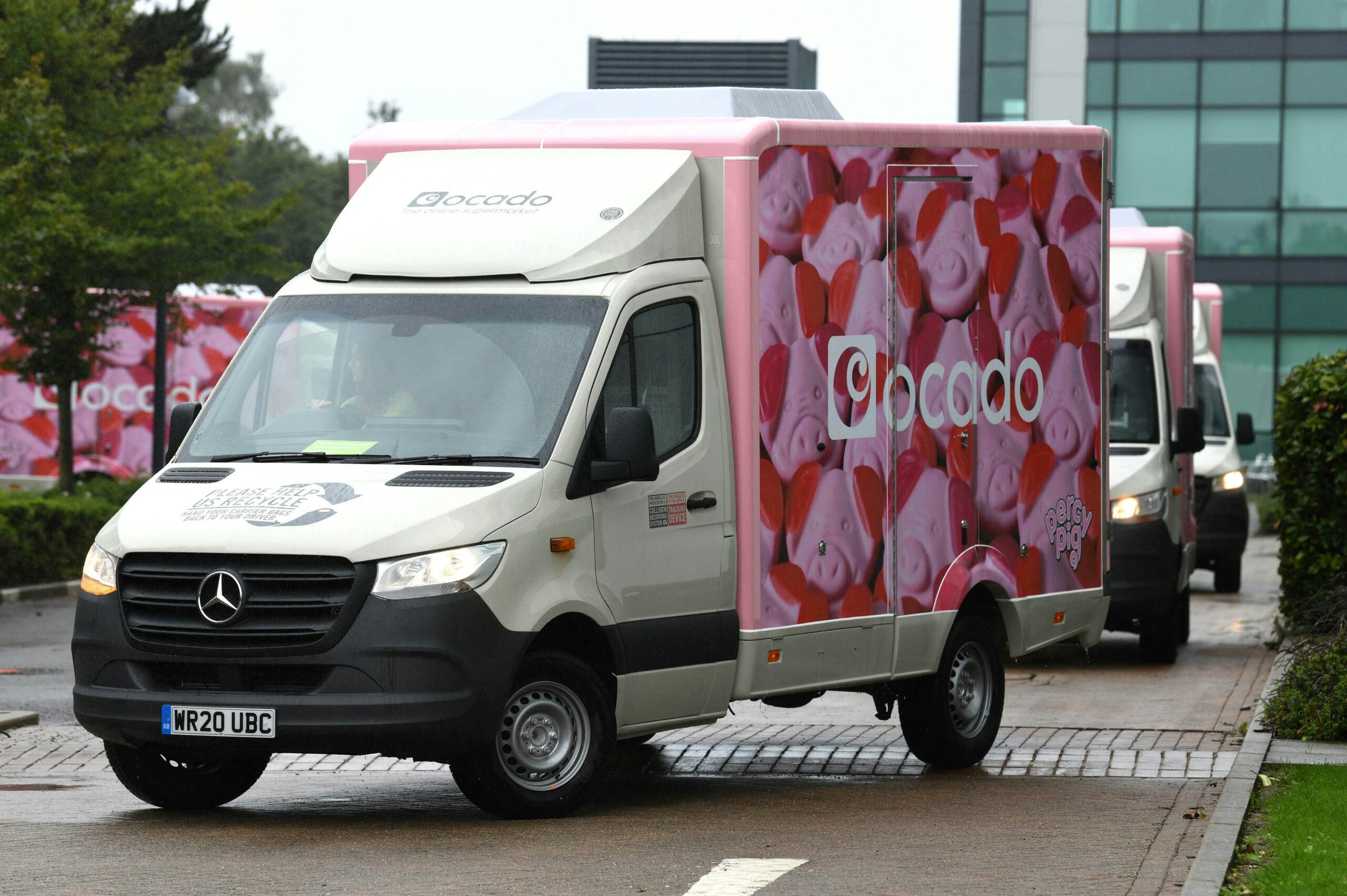 EMBARGOED TO 0001 TUESDAY SEPTEMBER 1 
EDITORIAL USE ONLY 
A fleet of limited-edition Percy Pig delivery vans are unveiled as Ocado marks the arrival of the full M&amp;S Food range to the online supermarketÕs website from today, September 1st. PA Photo. Issue date: Tuesday September 1, 2020. The Percy vans will be delivering groceries and household essentials to Ocado customers for one month only. If spotted, people can enter the #PercyPic competition by taking a photo and posting to their social media feeds for the chance of winning a £200 Ocado voucher and a hamper full of Percy Pig goodies. Photo credit should read: Doug Peters/PA Wire