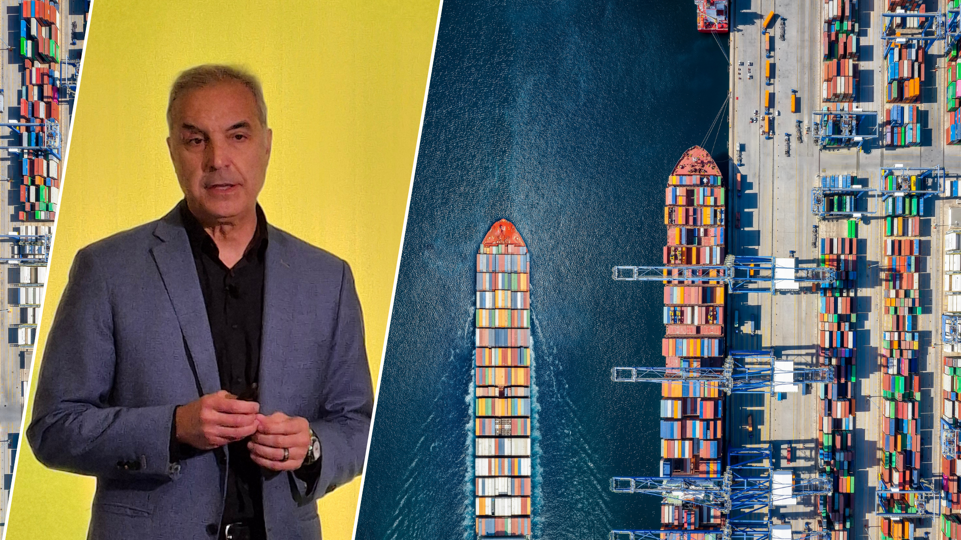 Mike Parra (DHL Express) tijdens de presentatie van het globaliseringsrapport 2026. Achtergrondfoto: Sven Hansche/Shutterstock